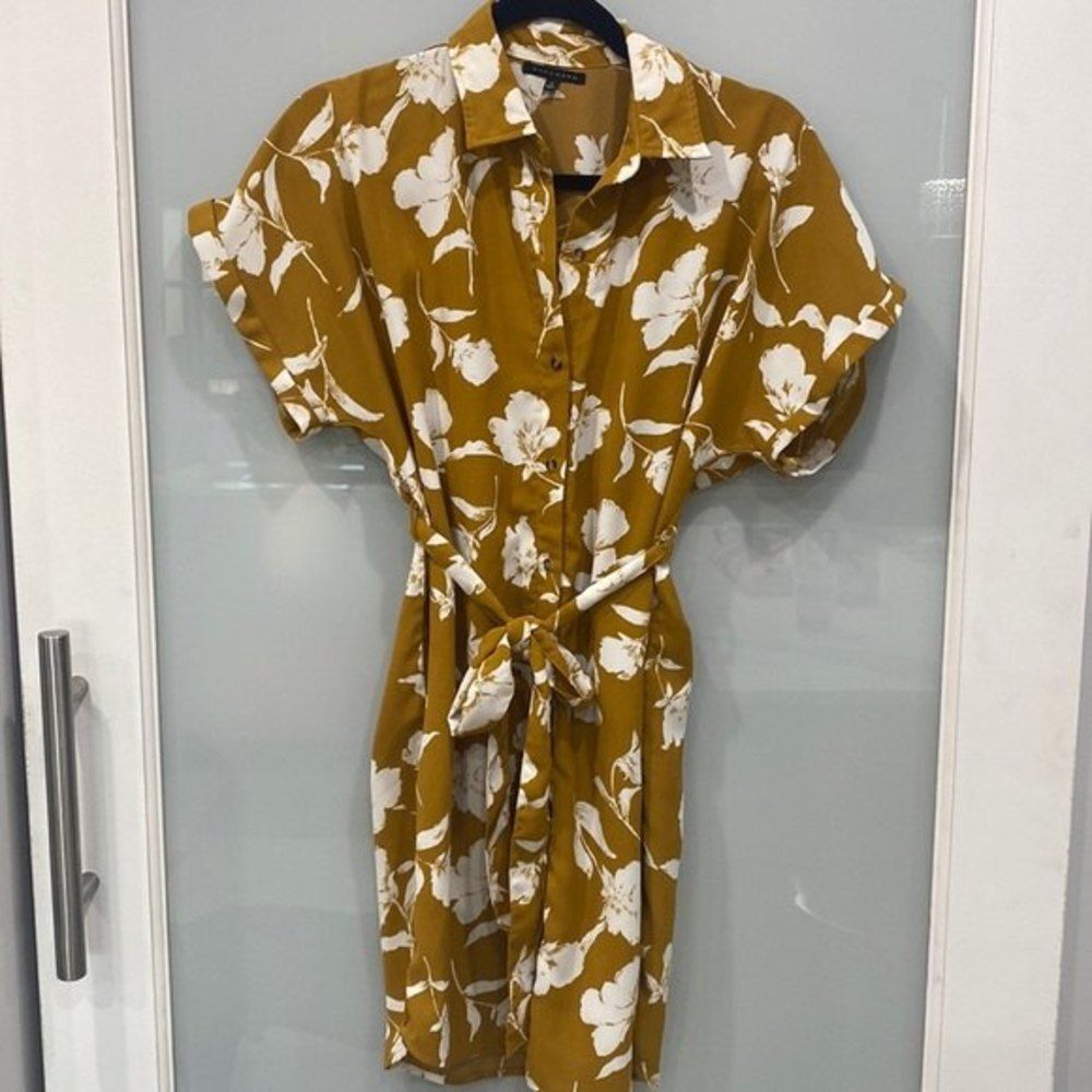 Staccato Women's Floral Yellow Mustard White Flower Button Down Tie Dress Sz S